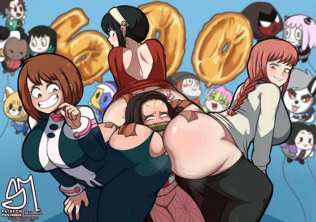 Anya Forger, Kamado Nezuko, Kamado Tanjirou (Aggressive Retsuko, Aggretsuko) by Semidraws