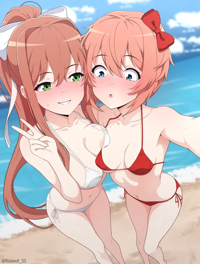 Monika, Sayori (Doki Doki Literature Club) by Roswell-Ss, Roswell Ss