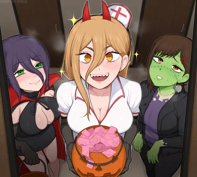 Higashiyama Kobeni, Power, Reze (Chainsaw Man, Halloween) by Afrobull